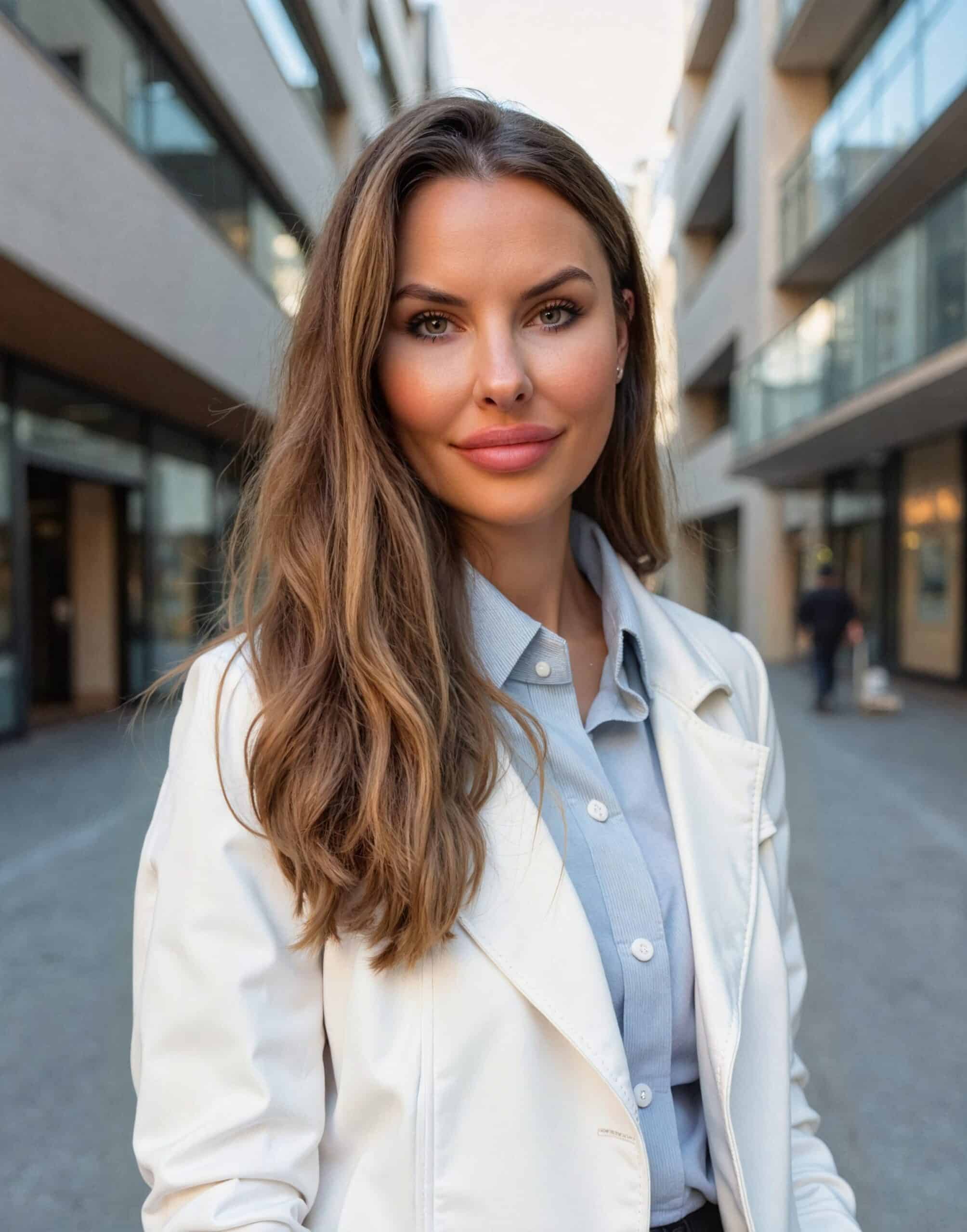 woman with brown hair who is a business coach standing outside